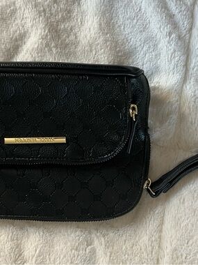 Steve Madden Monogram Black Faux Leather Wristlet Pouch Zip Around Purse